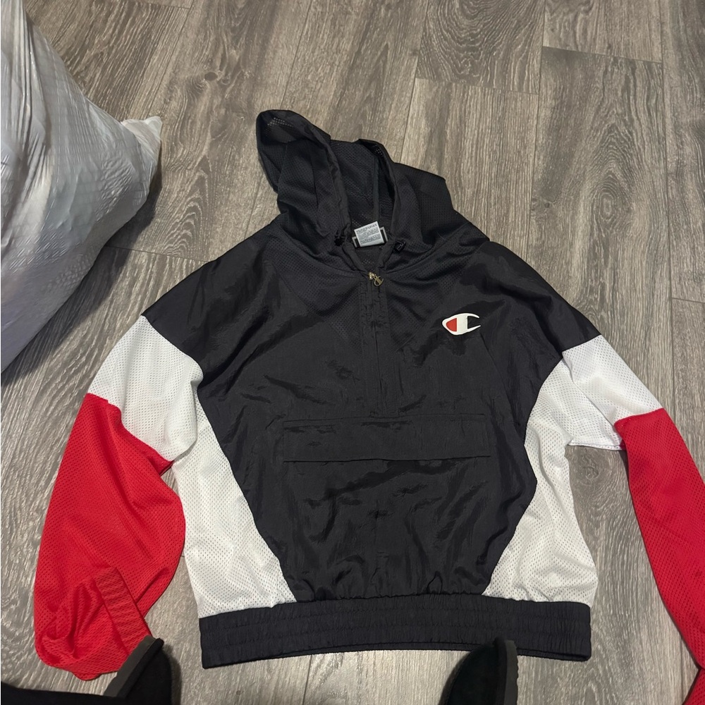 Champion women’s navy blue, white and Red crop 1/4 zip Jacket